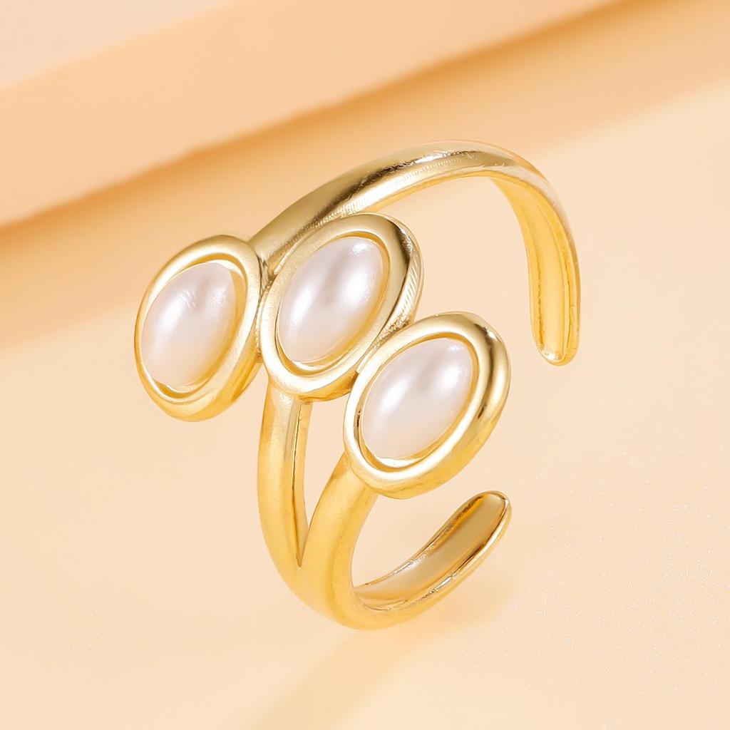 18K Gold Plated Geometric Faux Pearl Open Ring: Versatile Fairy Style Stainless Steel Jewelry for Women