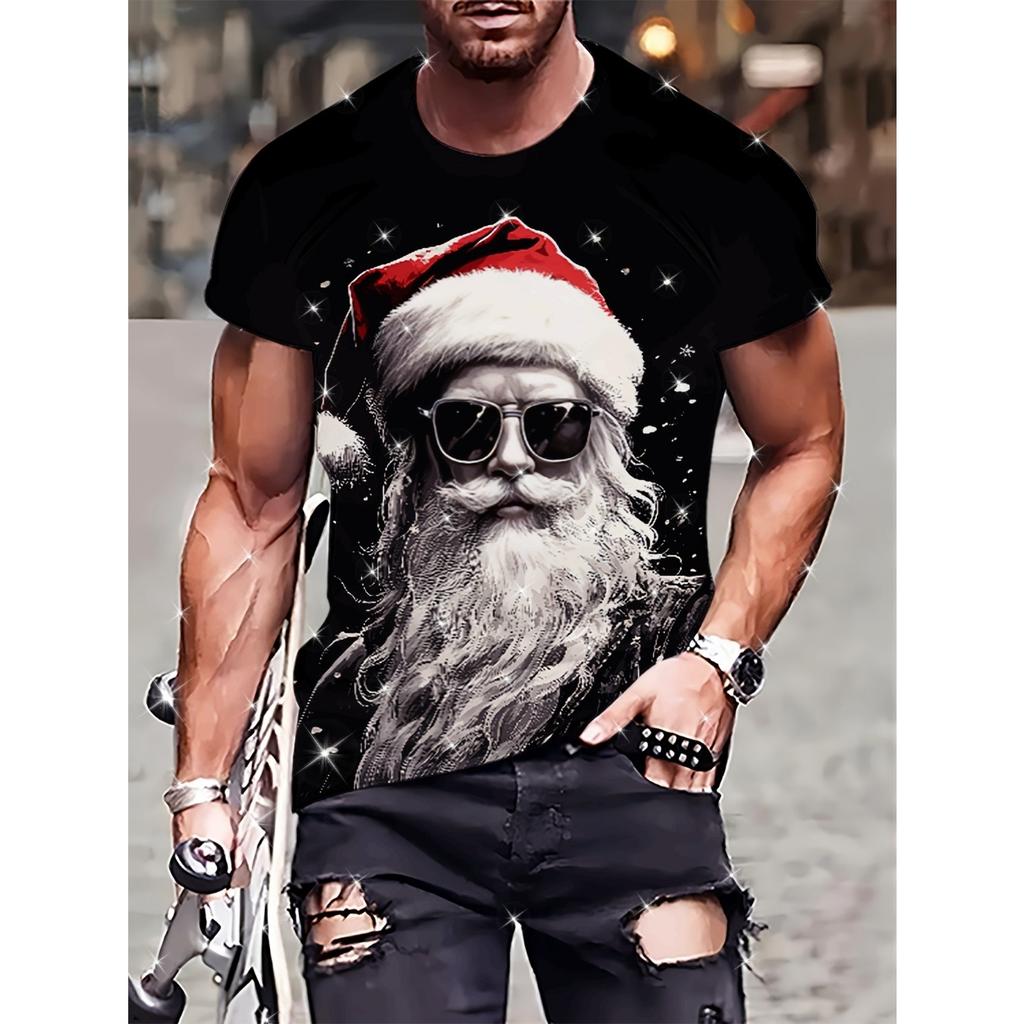 Weihnachtselement T-Shirt für Herren Lustiger Weihnachtsmann 3D-Druck Kurzarm T-Shirt Sommer Casual Rundhals Oversized Herrenbekleidung Top