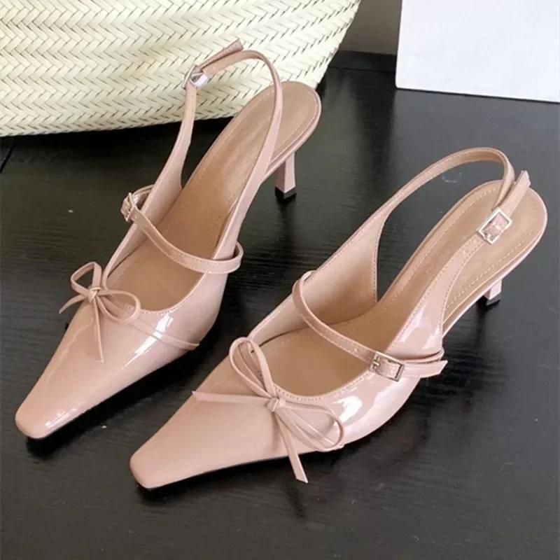 Fashion Sweet Bow Decorative High Heels Women Summer Sexy Pointed Toe Back Buckle High-heeled Sandals Elegant Shallow Banquet Dress Shoe