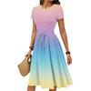 Damen Casual Farbverlauf Kurzarmkleid mit Taillengürtel Elegantes Rundhals-Sommerkleid in Midi-Länge