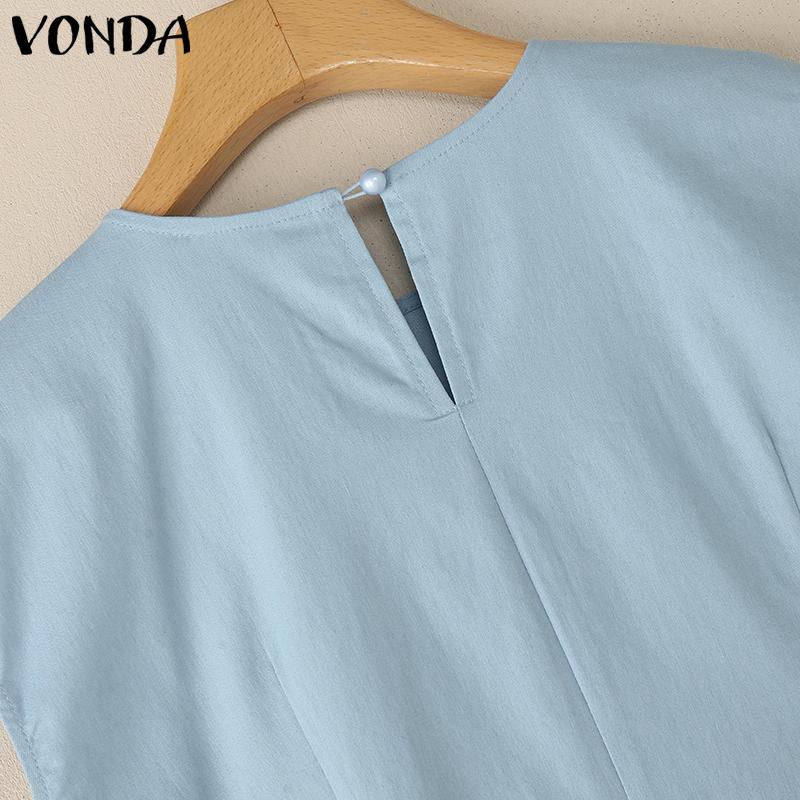 VONDA Elegant Women Casual Round Neck Sleeveless Solid Color Ruffled A-line Dress