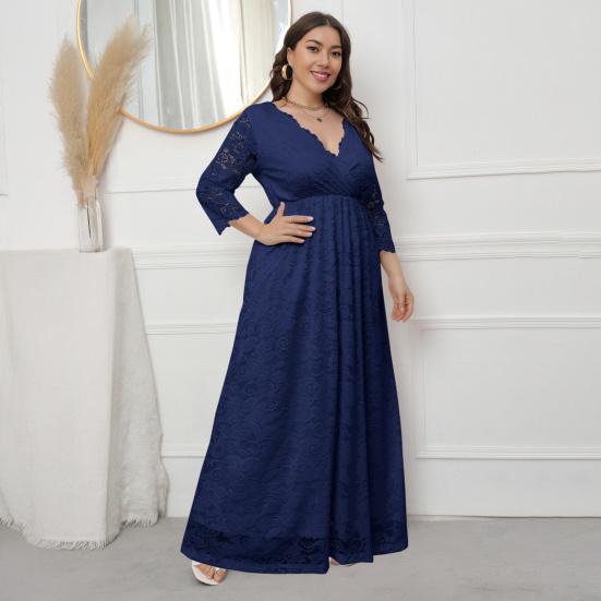 Women Maxi Dress V-Neck 45720 Sleeve High Waist Long Dress Embroidery Lace Flower Wedding Vacation
