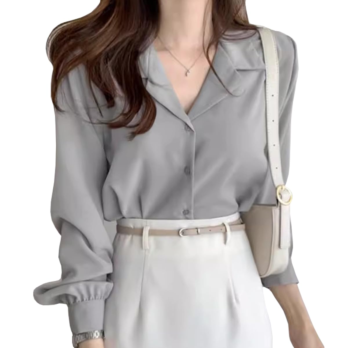 

Блузка с объемными рукавами и открытым воротником, рубашка с длинным рукавом, милая, модная, офисная, однотонная, простая, весенне-летняя, с рукавами-буфами, длинная рубашка, элегантный топ, деловая серый