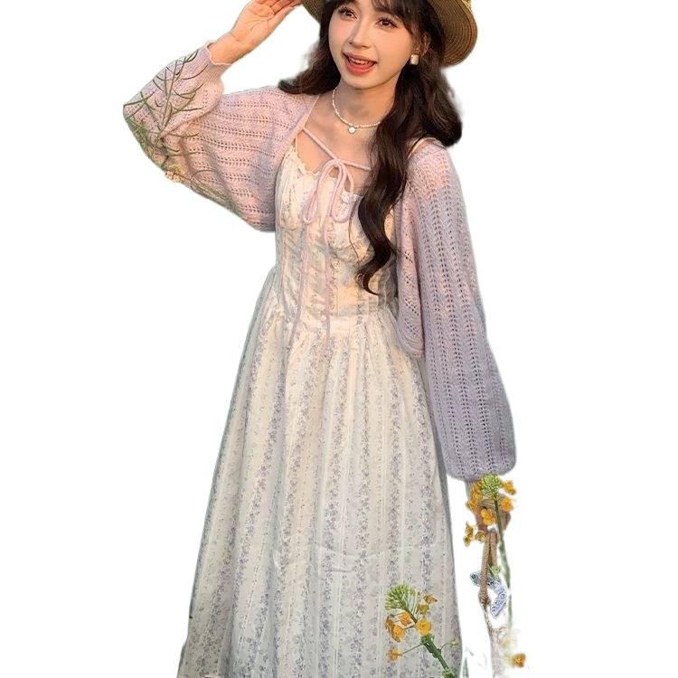 Women's Spring Lace Camisole Dress & Knit Cardigan Set
