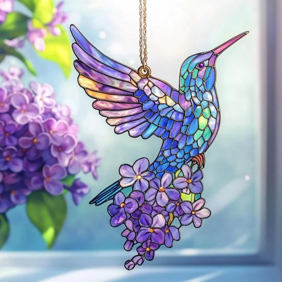 Barevný lapač slunce s kolibříkem Vitrážové akrylové květinové a kolibříkové dekorace Závěsný lapač slunce