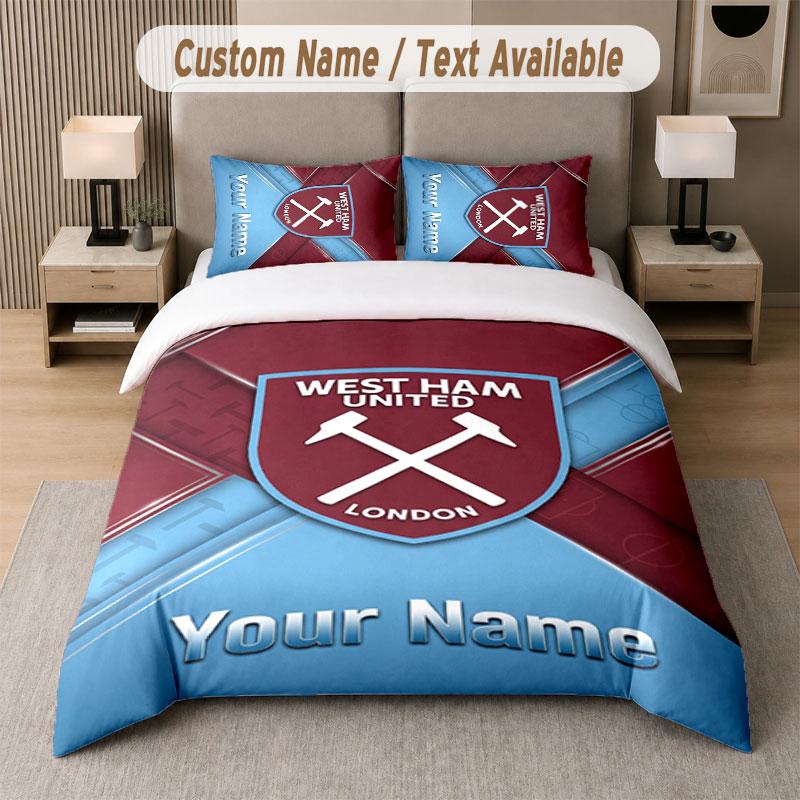 Custom Bedding Set West Ham United FC Pattern, Print Name Text 1 Duvet Cover plus 2 Pillowcases Home Textile