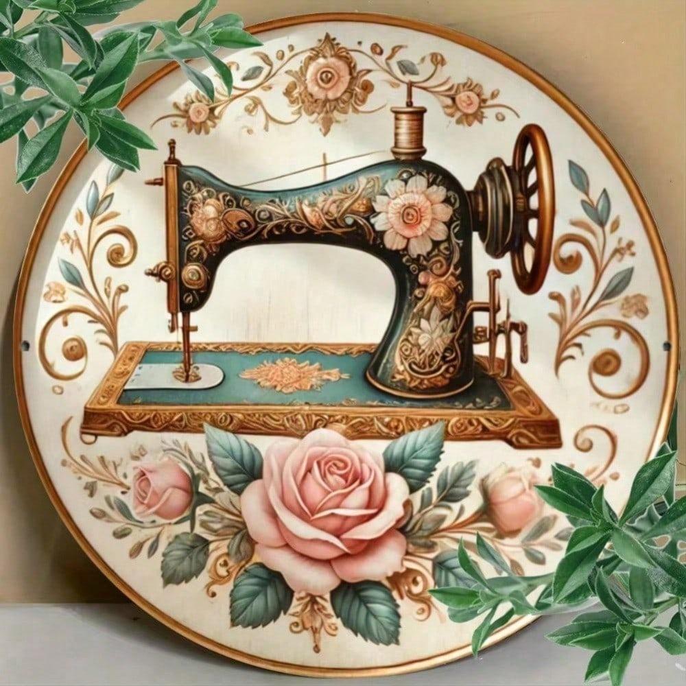 Floral Sewing Machine Iron Wall Art Pink Roses Blue Fabric Easy Hang Home Decor Living Room Bedroom Kitchen