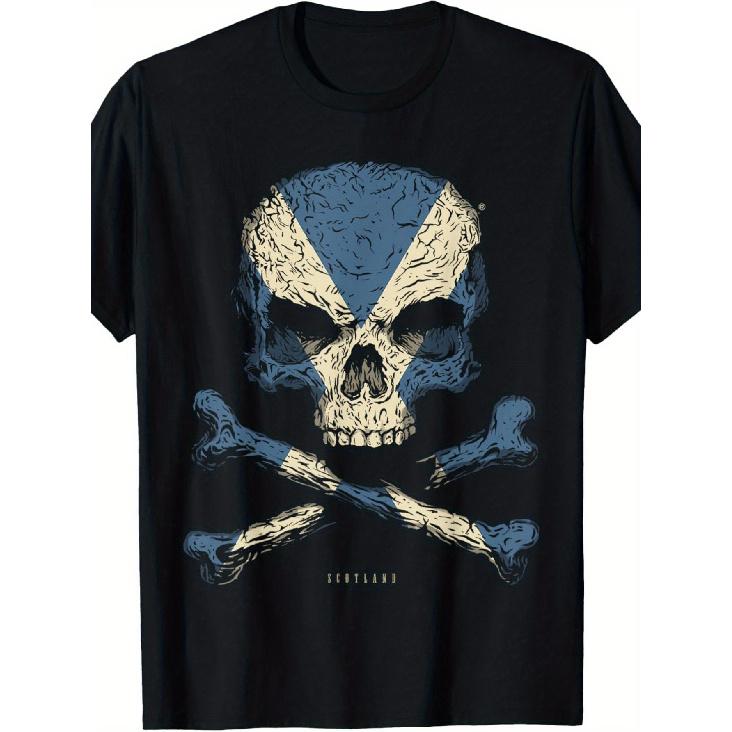 Scottish Skull & Crossbones Flag Heart T-Shirt - 100% Scottish Pride Graphic Tee with Saltire Design, Unisex Casual Round Neck Short Sleeve Shirt for S чёрный