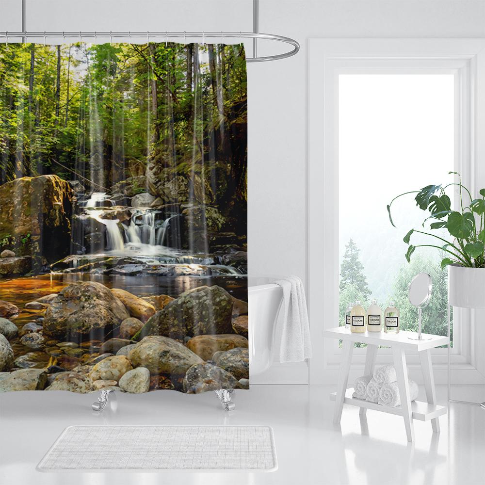 Forest Waterfall Shower Curtain Tropical Rainforest Palm Jungle Tree Green Leaves Plants Scenery Bathroom Decor Set With Hooks