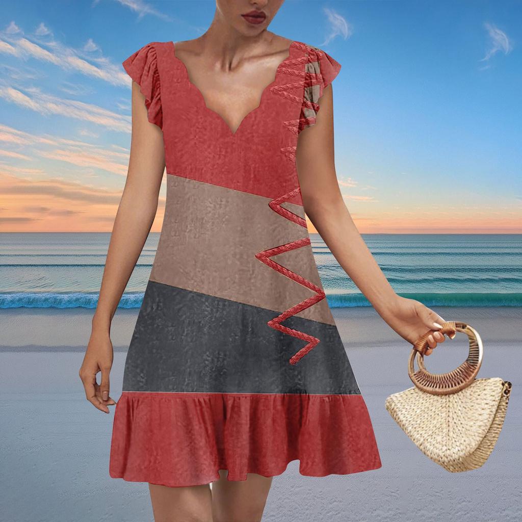 Women's Fashion Casual V Neck Wavy Edge Print Short Sleeve Dress