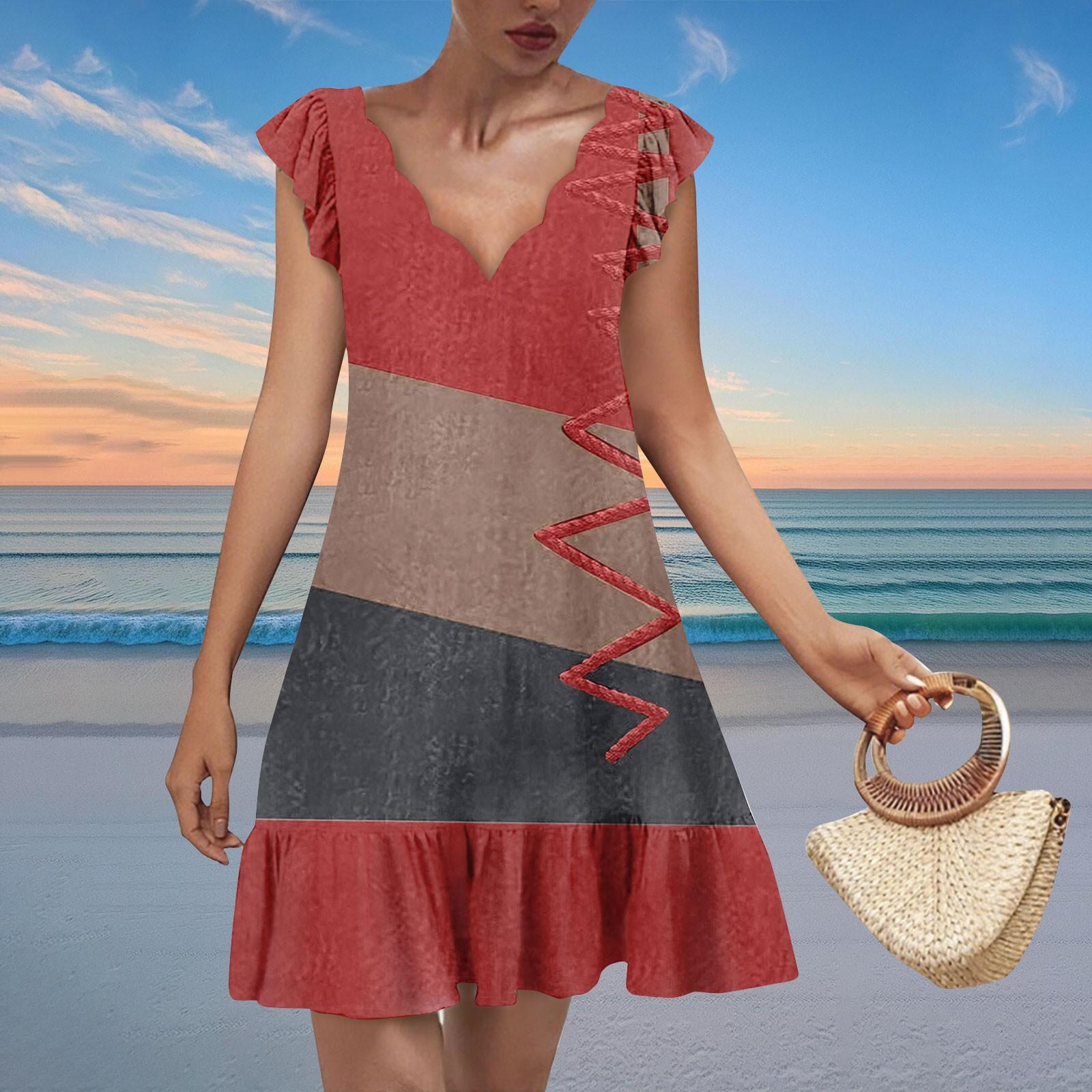 

Женское модное повседневное платье с V-образным вырезом, волнистым краем и принтом, с коротким рукавом M красный