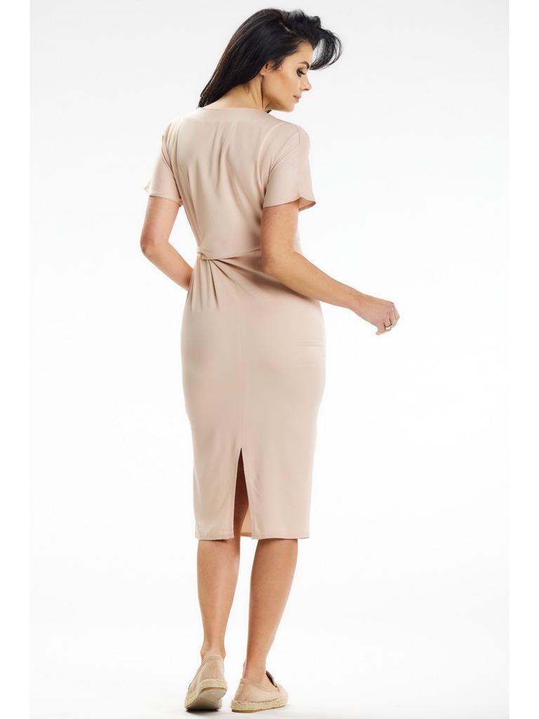 Fitted Midi Dress with Kimono Sleeves and Tie Detail, Beige M