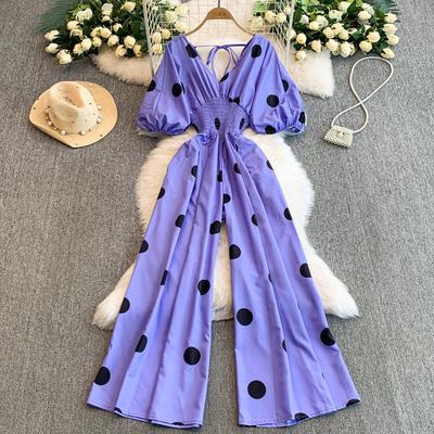Women Polka Dot Puff Sleeve  Slim Bodysuit Chic Fashion Elastic Bodycon Jumpsuits Elegant Gothic Rompers