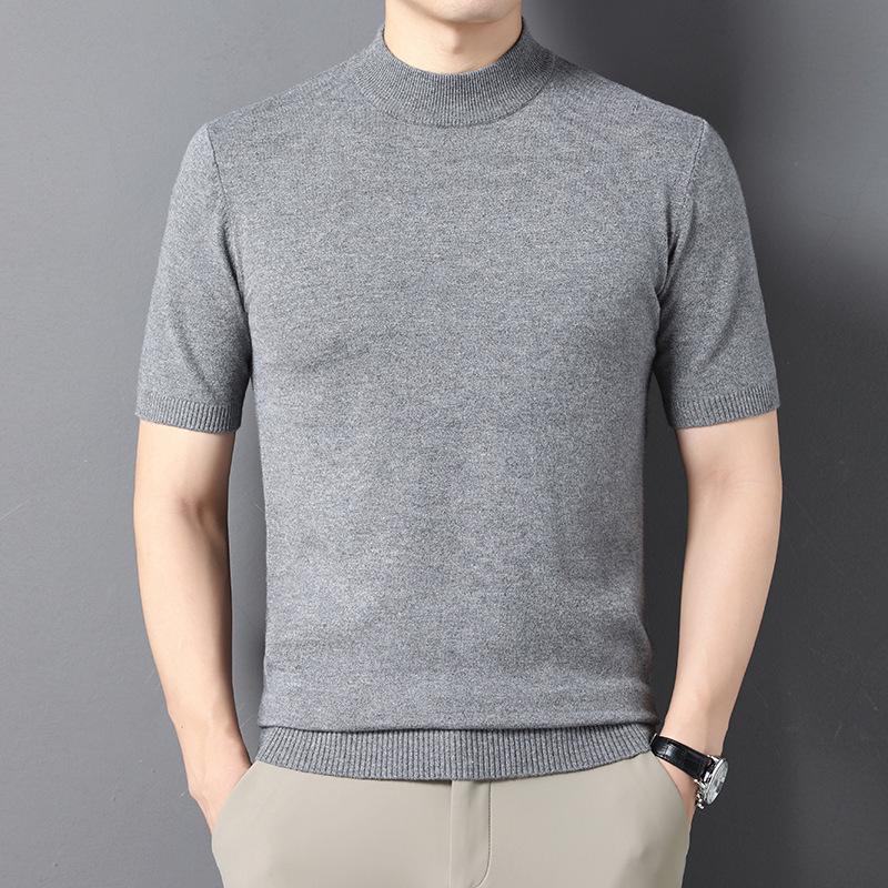 Men's Short-Sleeve Knit Sweater with Half-High Collar - Lightweight Pullover for Middle-Aged and Young Men