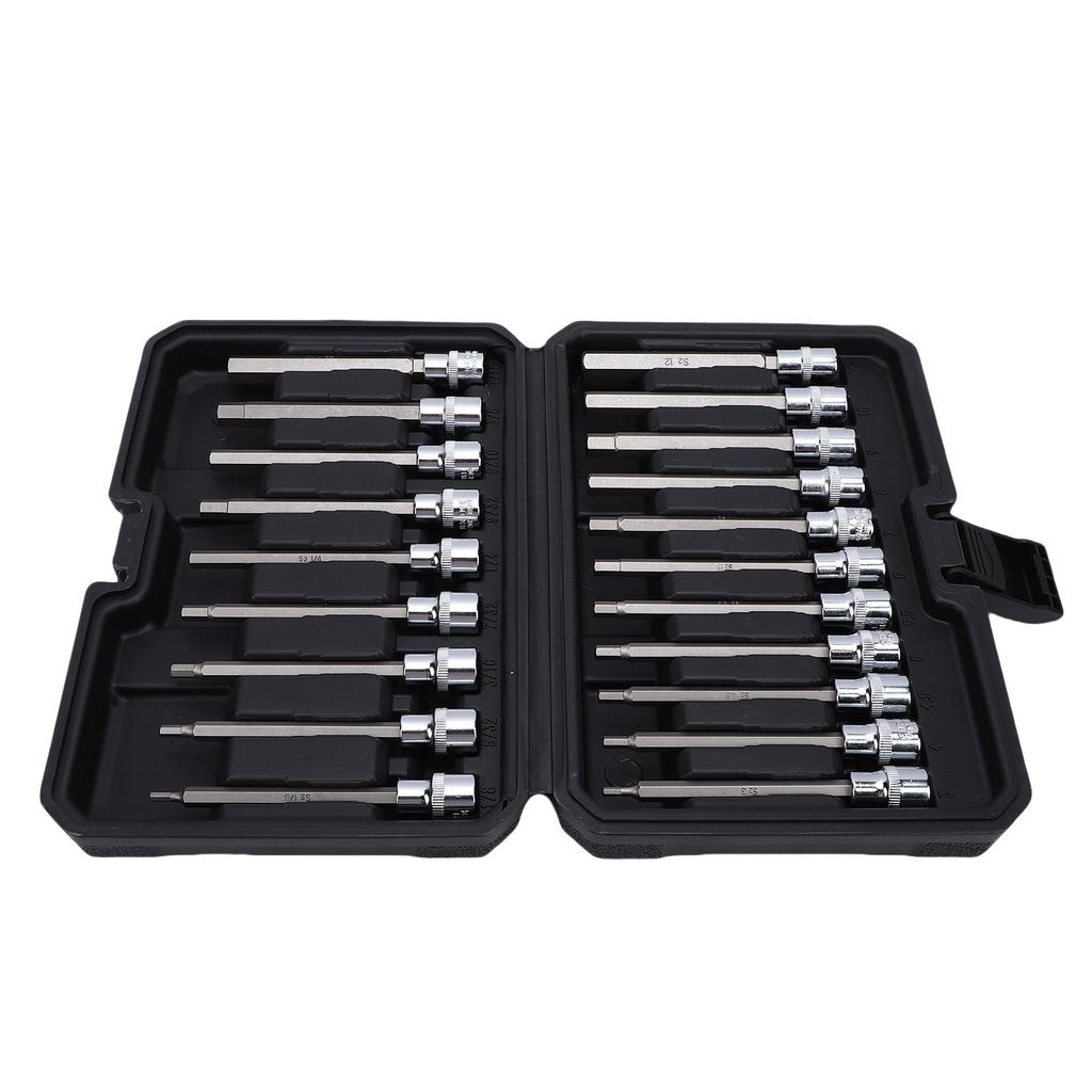 20 Piece 3 8 Inch Drive Extra Long Hex Bit Socket Set Metric 3 12mm SAE 1 8 7 16 Inch Hex Socket Set for Machinery