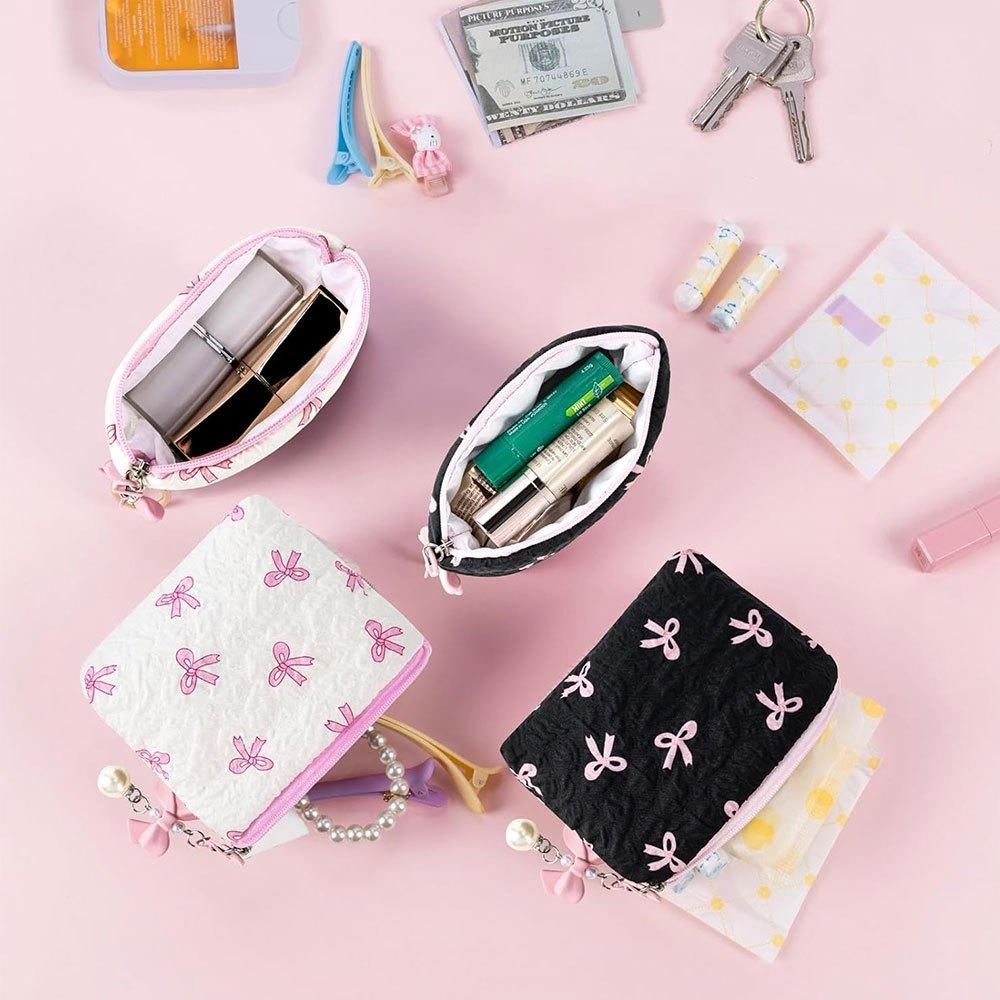 Bow Mini Makeup Bag Women's Makeup Bag Travel Washroom Bag Cute Coin Purse Lightweight Lipstick Pouch Embossed Storage Bag