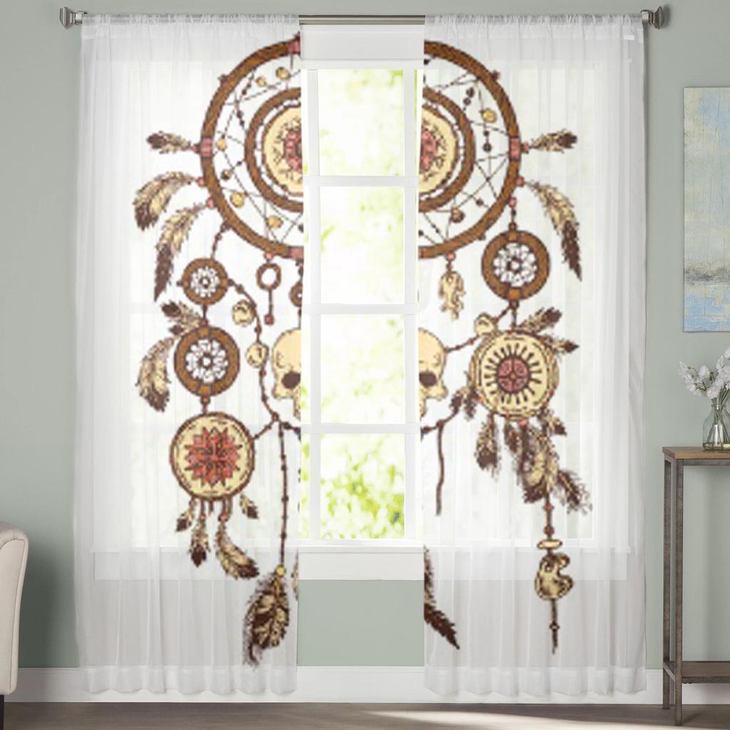 Ink Dreamcatcher With Feathers Sheer Curtain For Living Room Modern Voile Tulle Window Curtains For Bedroom Kitchen Drapes