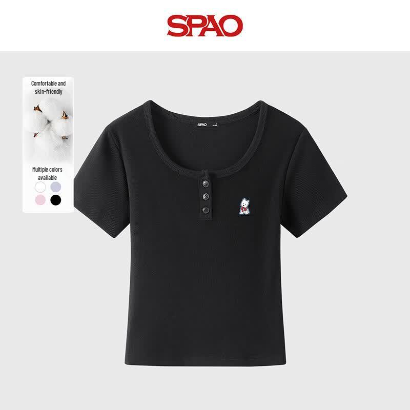 SPAO Korean Style Ribbed U-Neck Cartoon Puppy Short Sleeve T-shirt S