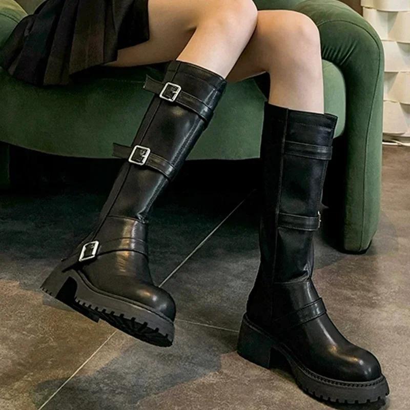 Platformă Femei Cizme Înalte Designer Retro Toc Mediu Cizme Motociclist Iarnă Pantofi Groși Trend Gladiator Chaussures Femme