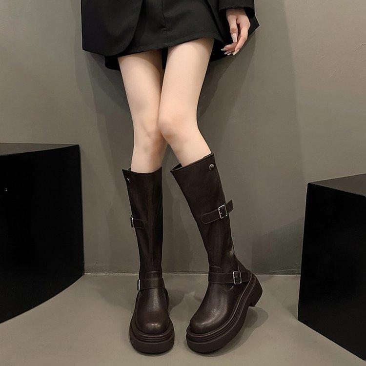 Retro round head belt buckle knight boots autumn and winter velvet brown platform boots British versatile handsome medium boots