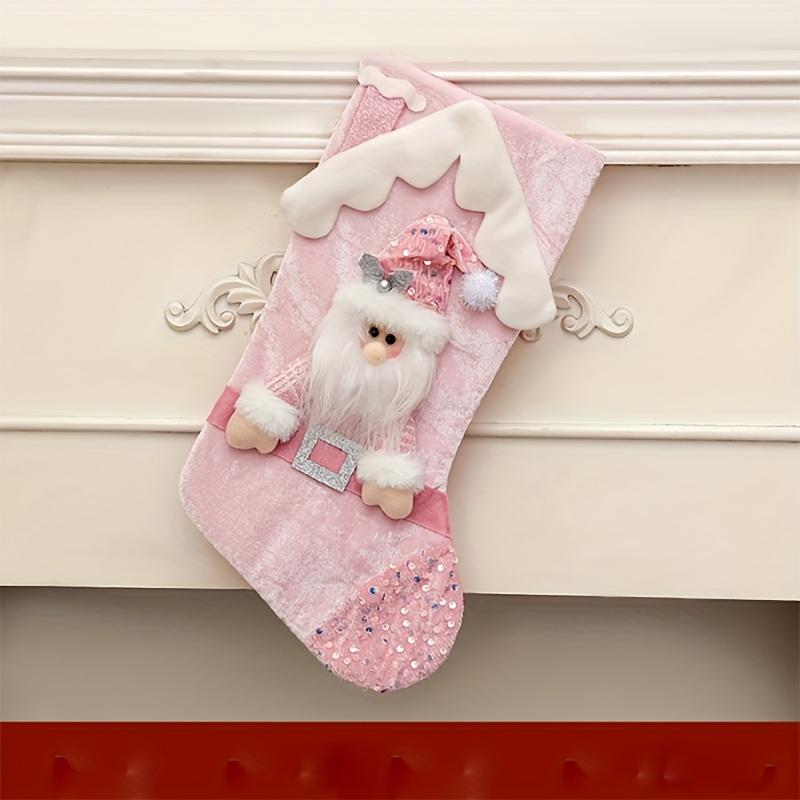 Festive Santa Claus Reindeer Christmas Stocking Pouches Pink Cartoon Roof Design with Santa Hat Scarf, Christmas Decorations