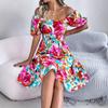 Ruffle Edge Dress2025 Spring/Summer European and American Women clothes Flower Square Collar Short sleeve Waist Hugging Frill A- line Skirt