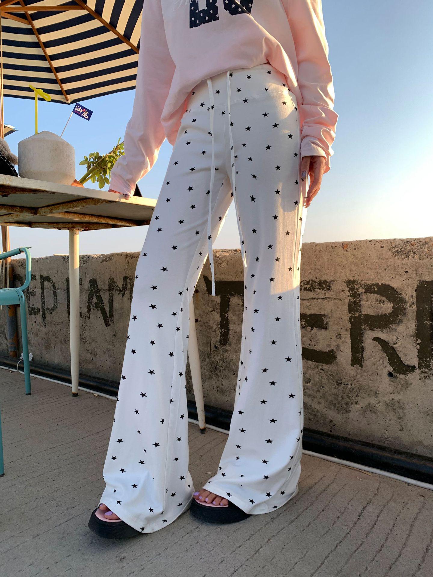 Mishang  Korean Style Starry Floral Micro Flare Pants - Slim Fit, Floor Length, Casual for Women Large
