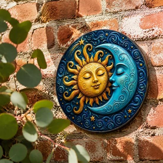 Indoor And Outdoor Wall Decor Sun Moon Art, 8Inch Round Metal Sign, Exotic Home Decoration Boho for Living Room Bedroom Entrance