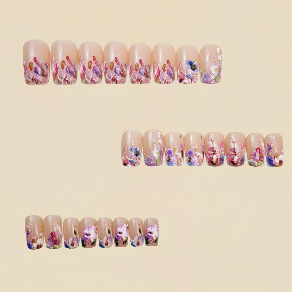 24pcs/Set Square Spring/Summer Colorful Embossed Floral Fake Nail,For Girls Ladies, Parties, Dates, Daily Wear Press On Nails Nail Supplies