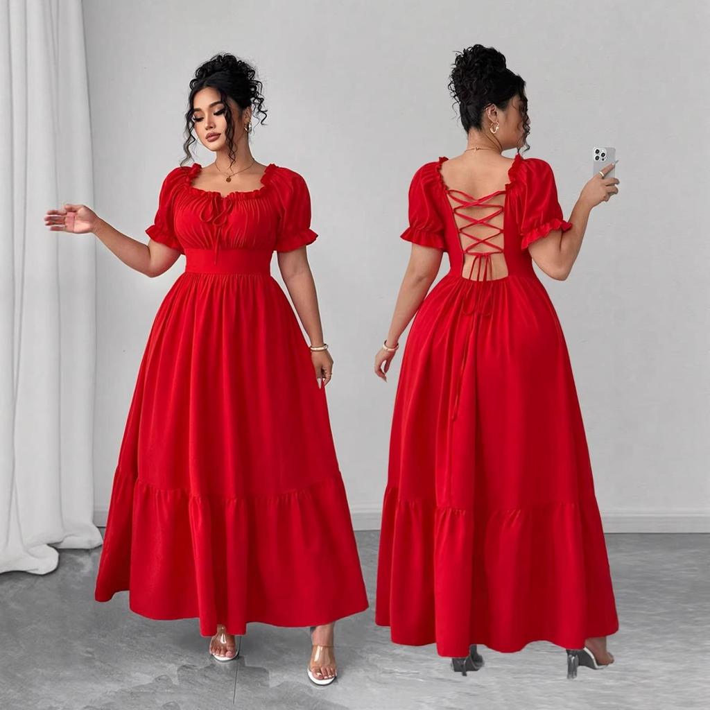 2026 Summer Plus Size Women's Sexy Backless V-Neck Short-Sleeve Dress