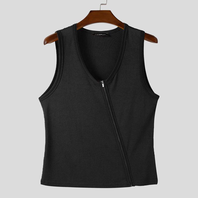 INCERUN Men V Neck Sleeveless Zip-up Casual Fitted Rib Tank Tops