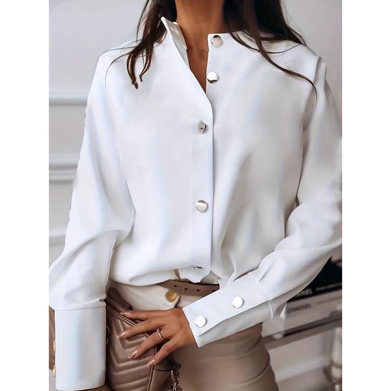 Women's Autumn Solid Color Metal Buckle Long-Sleeve Stand-Up Collar Shirt