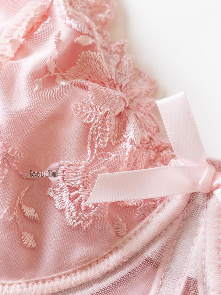 Pink Mesh Embroidered Corset Lingerie: Sexy Bandeau with Fishbone Detailing