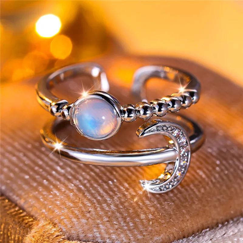 Bague ouverte en forme de croissant de lune et de soleil pour femmes, couleur argent, bijoux Boho à la mode, cadeau d'anniversaire