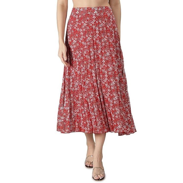 Red Floral Printed Flared Skirt Indian Women's Casual Wear Middi Skirt Dress