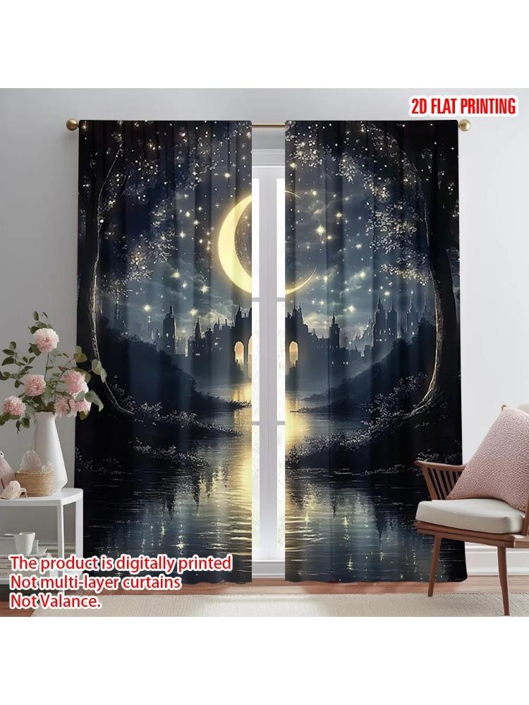 

Plane Printing Curtains Window Treatment Starry Night Sky Durable Polyester Fabric Without Rod Festive Living Made Of W100*H70(CM)-Hooks&2PCS