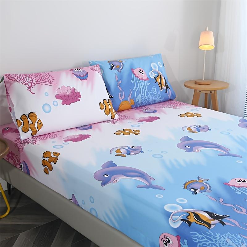 3 Pcs 100% Polyester Fleece Cartoon Print Bed Sheet Set (1 Bed Sheet + 2 Pillow Cases) - No Pillow Filler - Soft and Comfortable