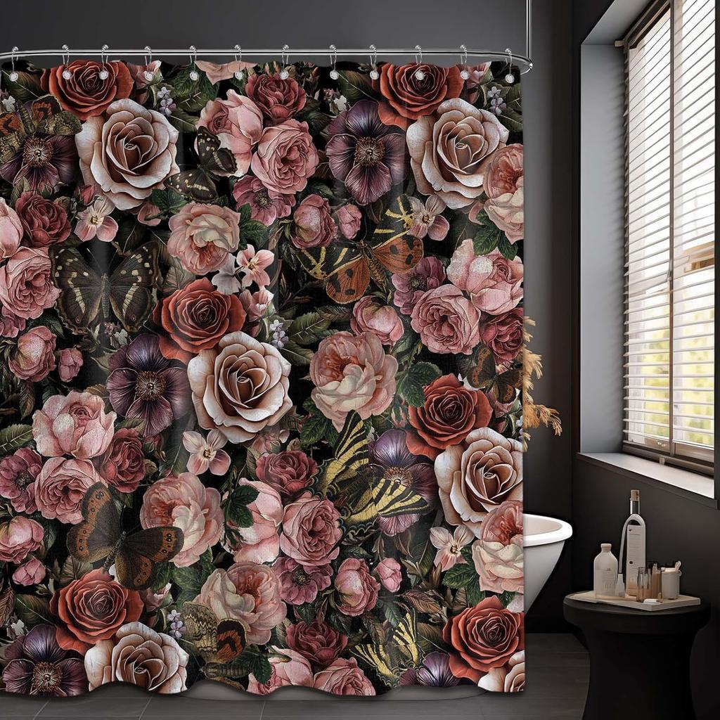 Vintage Floral Shower Curtain Goth Dark Rose Flower Butterfly Shower Curtains for Bathroom Decor Sets, Waterproof Cloth Fabric