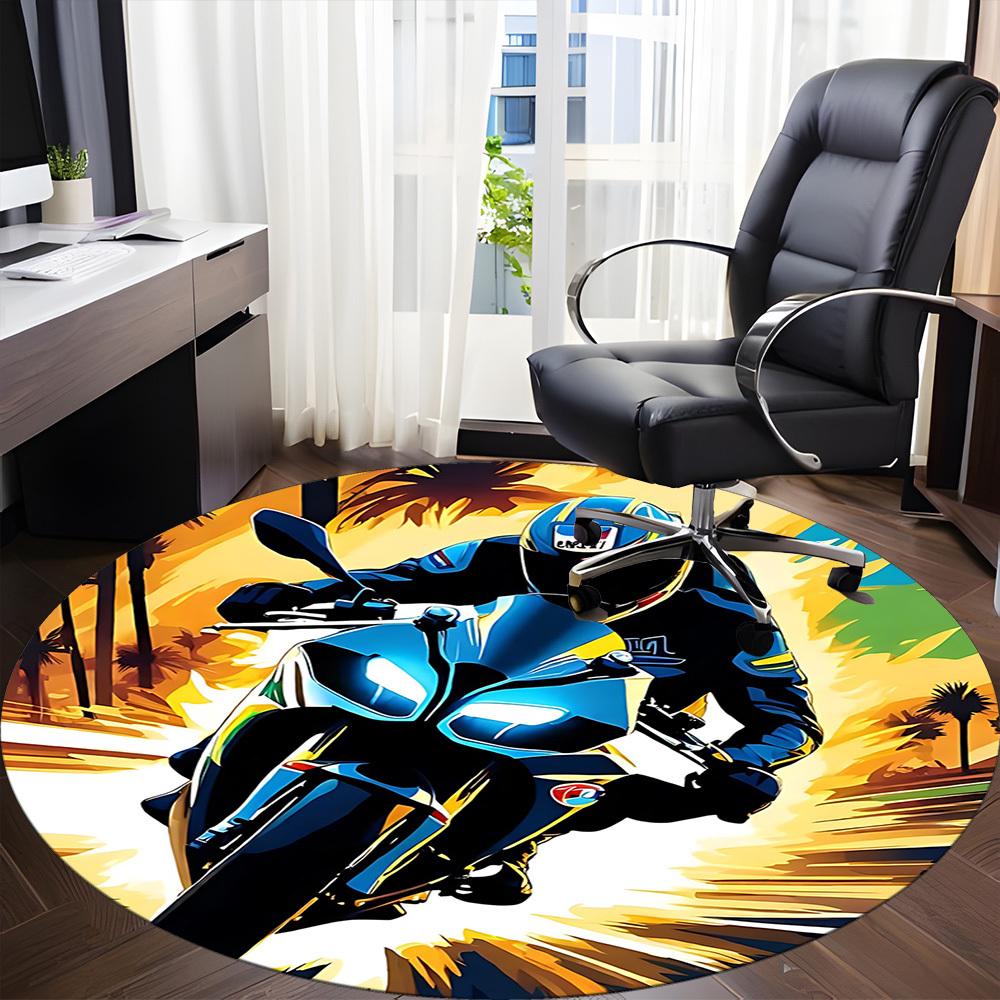 1pc Motorbike Rider Office Round Area Rug, Indoor Mat Suitable ForOffice, Under Office Chairs Bedroom Living Room Home Decor, Room Deco T080