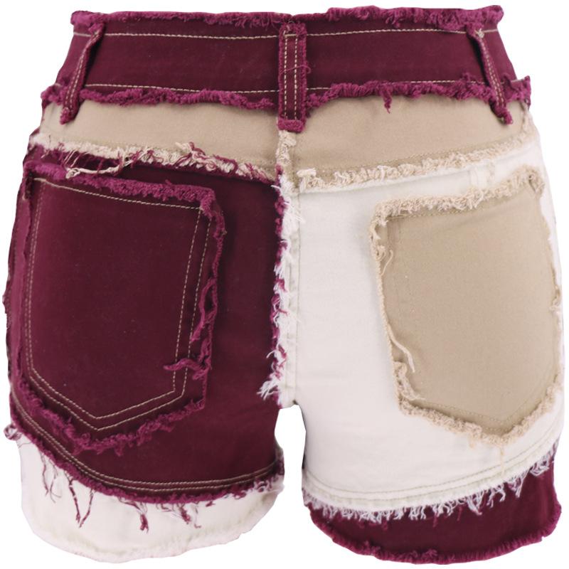 2024 Summer Women's Shorts Multi Color Panel Elastic Women's Denim Shorts