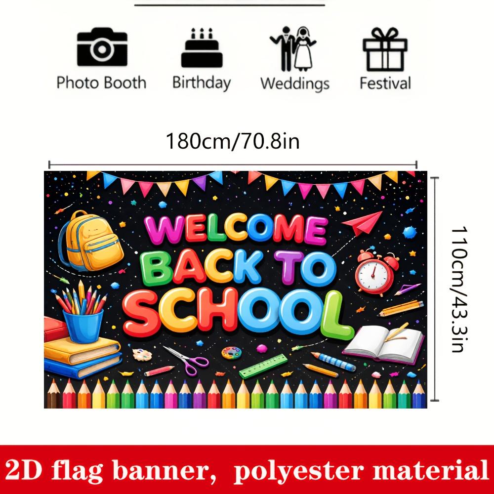 Back to School Welcome Banner Backdrop Backpack Stationery Books Campus Theme