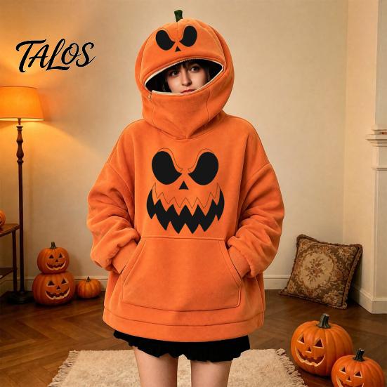 Halloween Pumpkin Hoodie Women Oversized Hoodie, Fall Long Sleeve Hooded Loose Fit Sweatshirt with Pocket, Jack-O-Lantern Holiday Costume Pullover Top