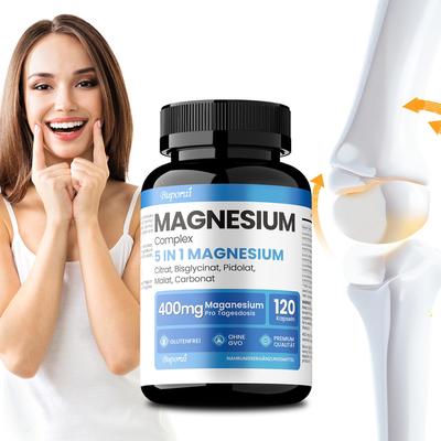 Magnésium 5 en 1 400 mg, 5 Sources de Magnésium Glycinate, Citrate, Pidolate, Carbonate, Malate, Comprimés Complémentaires de Qualité Supérieure, Sans OGM