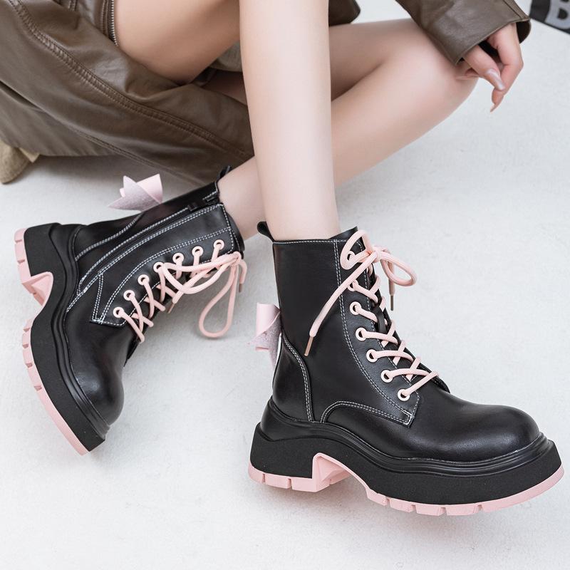 Bow British style platform Martin boots women's 2025 autumn and winter new boots muffin thick heel black short boots women
