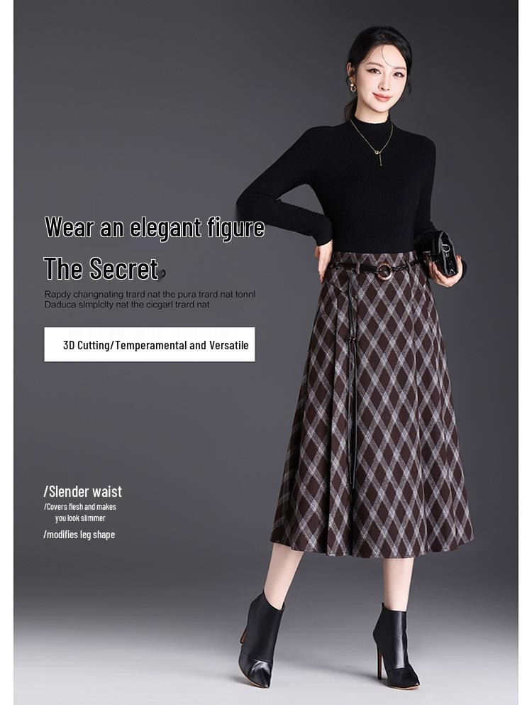 Spring 2026 High-Waist Grid Pleated A-Line Midi Skirt