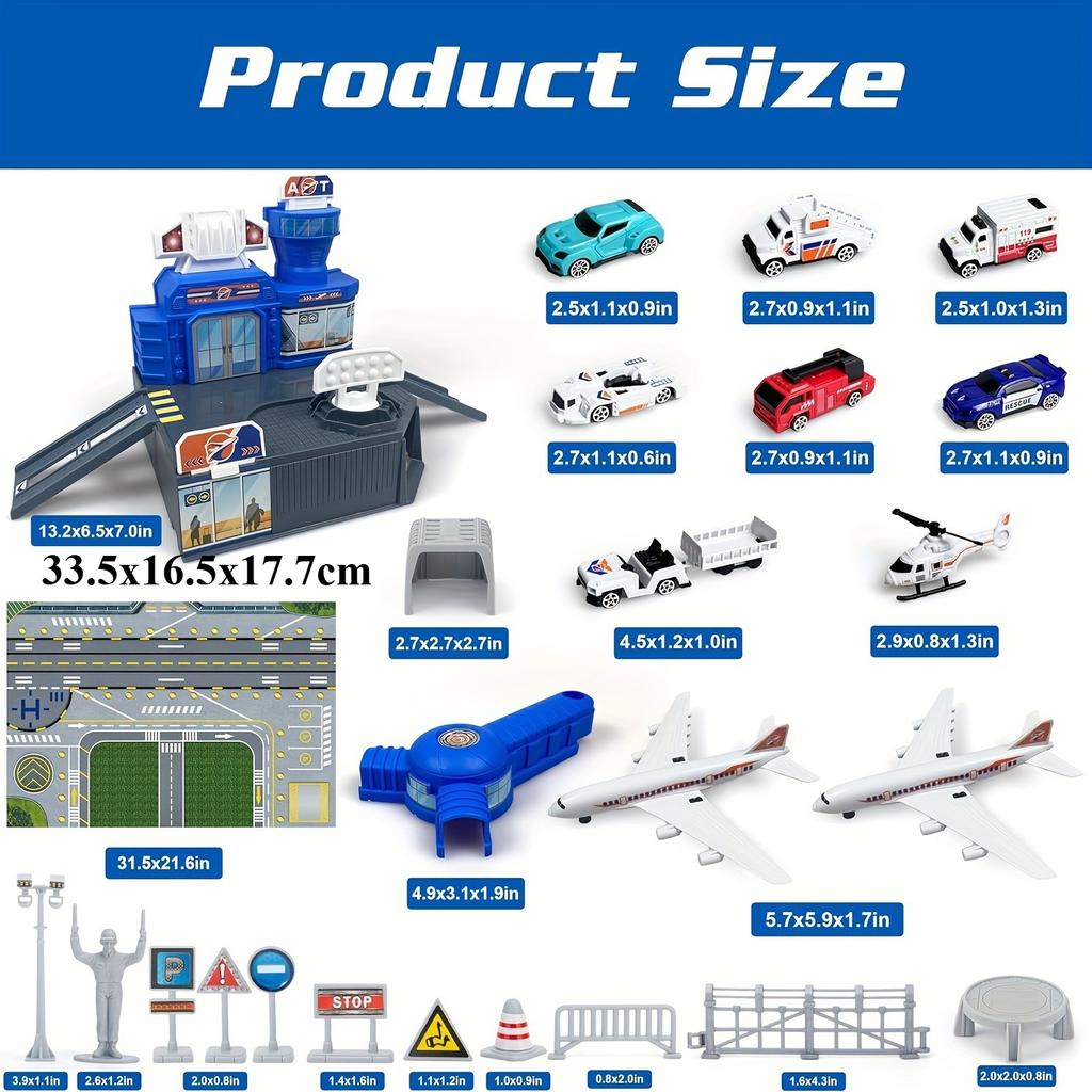 Airplane Toy Set with Trucks Helicopter Planes Signs Airport Playmat Interactive Early Learning Toys Birthday Gift for Boy Girl