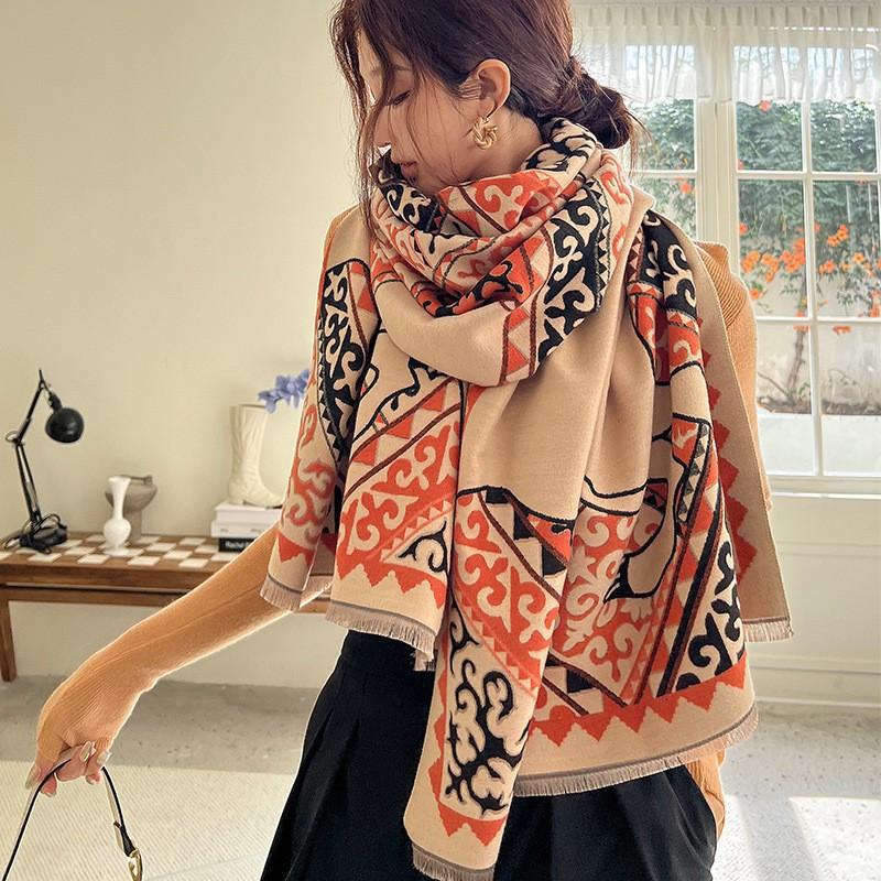 Premium Double-Sided Jacquard Houndstooth Scarf Wrap Women Winter Fall Warm Cotton Blend Shawl 185x70cm