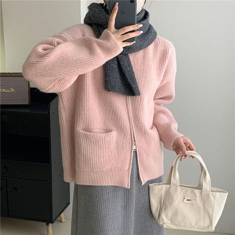 Koreanische Version solide Pullover Strickjacke weibliche Tasche Reißverschluss Strickjacke Frühling und Herbst O-Ausschnitt Pullover mit Strickjacke Pullover