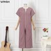 VONDA Womens V Neck Short Sleeve Casual Gingham Plaid Loose Long Wide Leg Jumpsuit Rompers