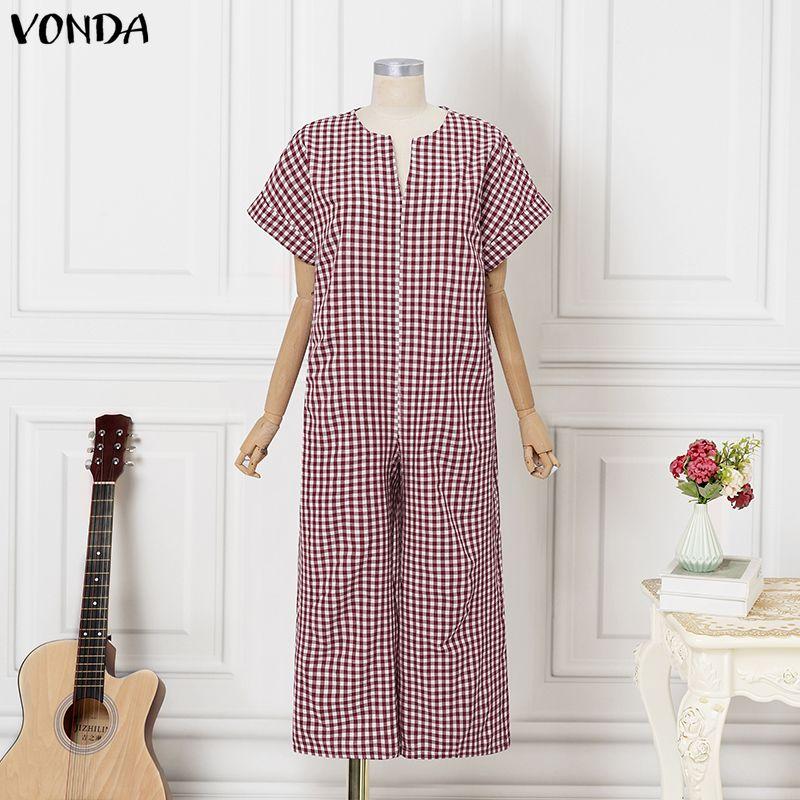 VONDA Womens V Neck Short Sleeve Casual Gingham Plaid Loose Long Wide Leg Jumpsuit Rompers
